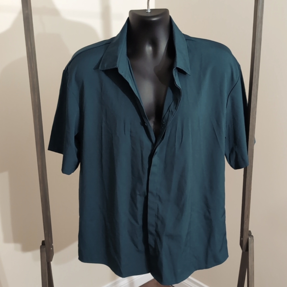 Incerun| Green Short Sleeved Button Up Dress Shirt Polyester Spandex Blend